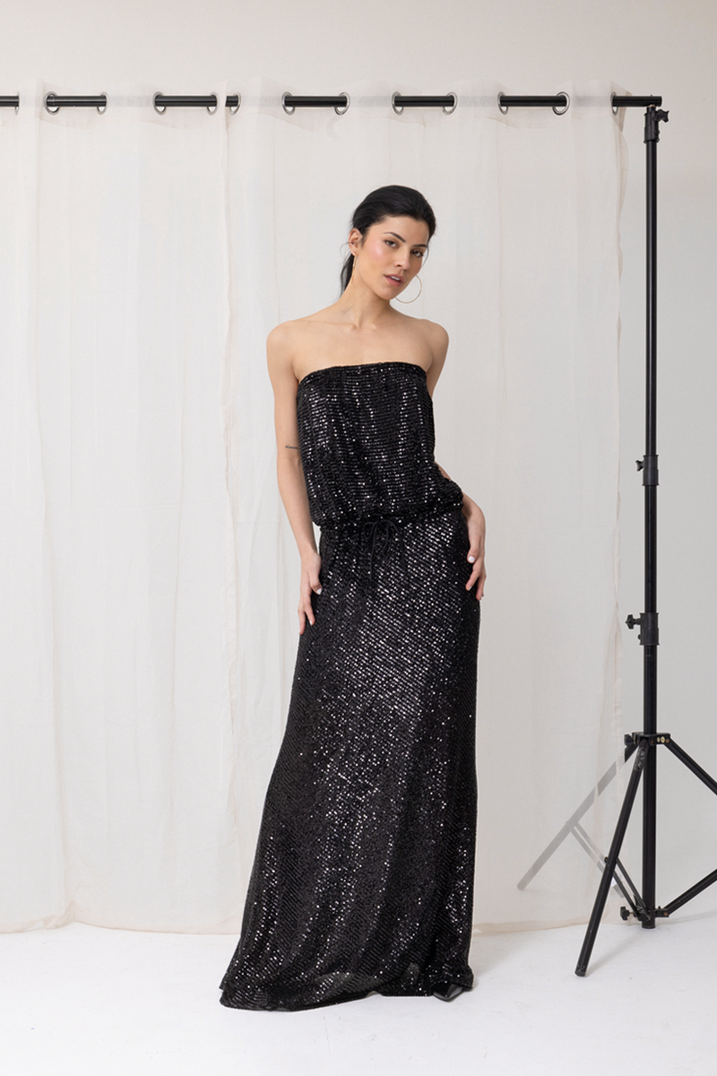 GODDESS SEQUIN STRAPLESS DRESS - BLACK