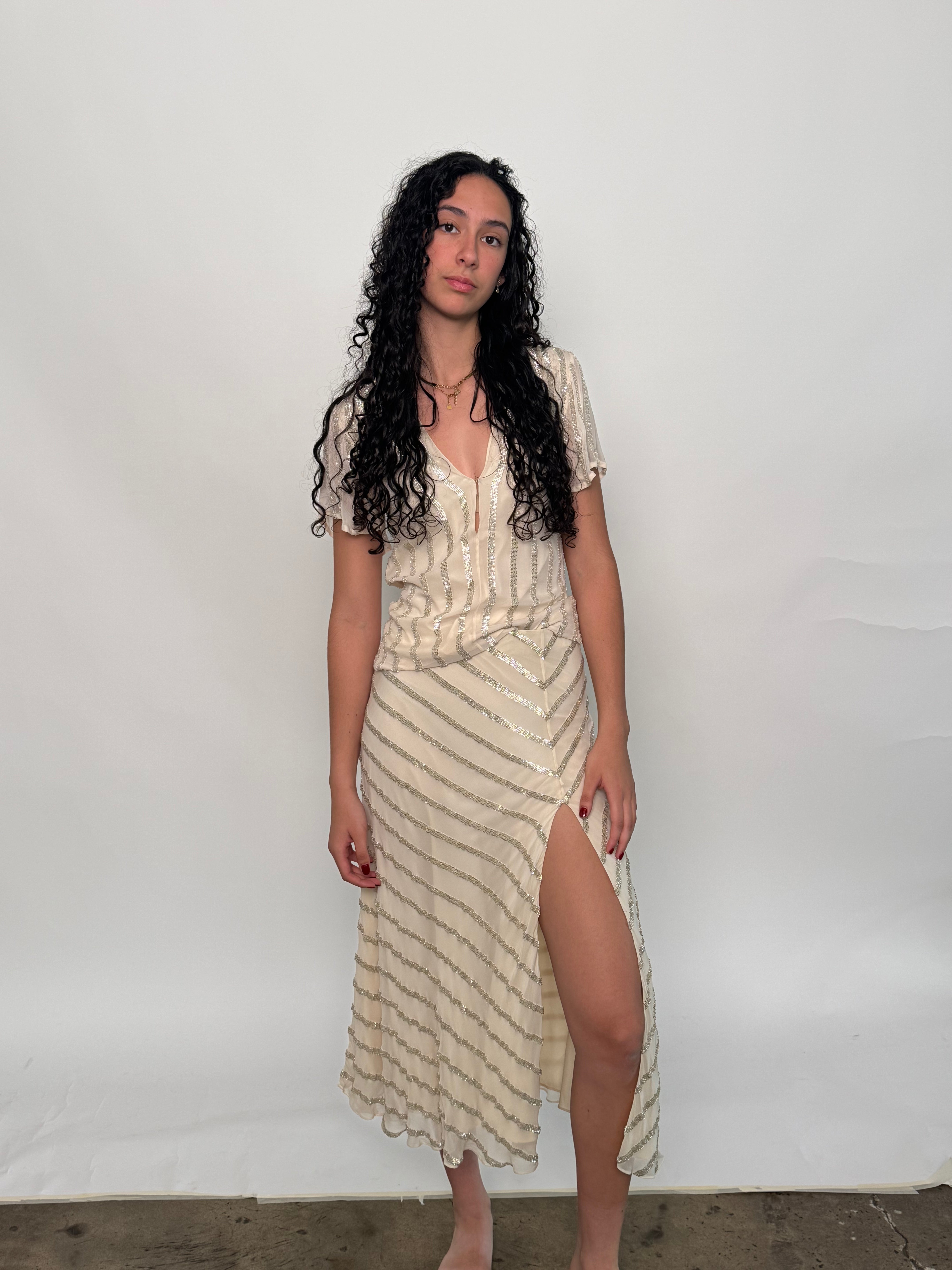 SAMPLE | HAND BEADED SKIRT, CREAM - SIZE 6-8 *FINAL SALE