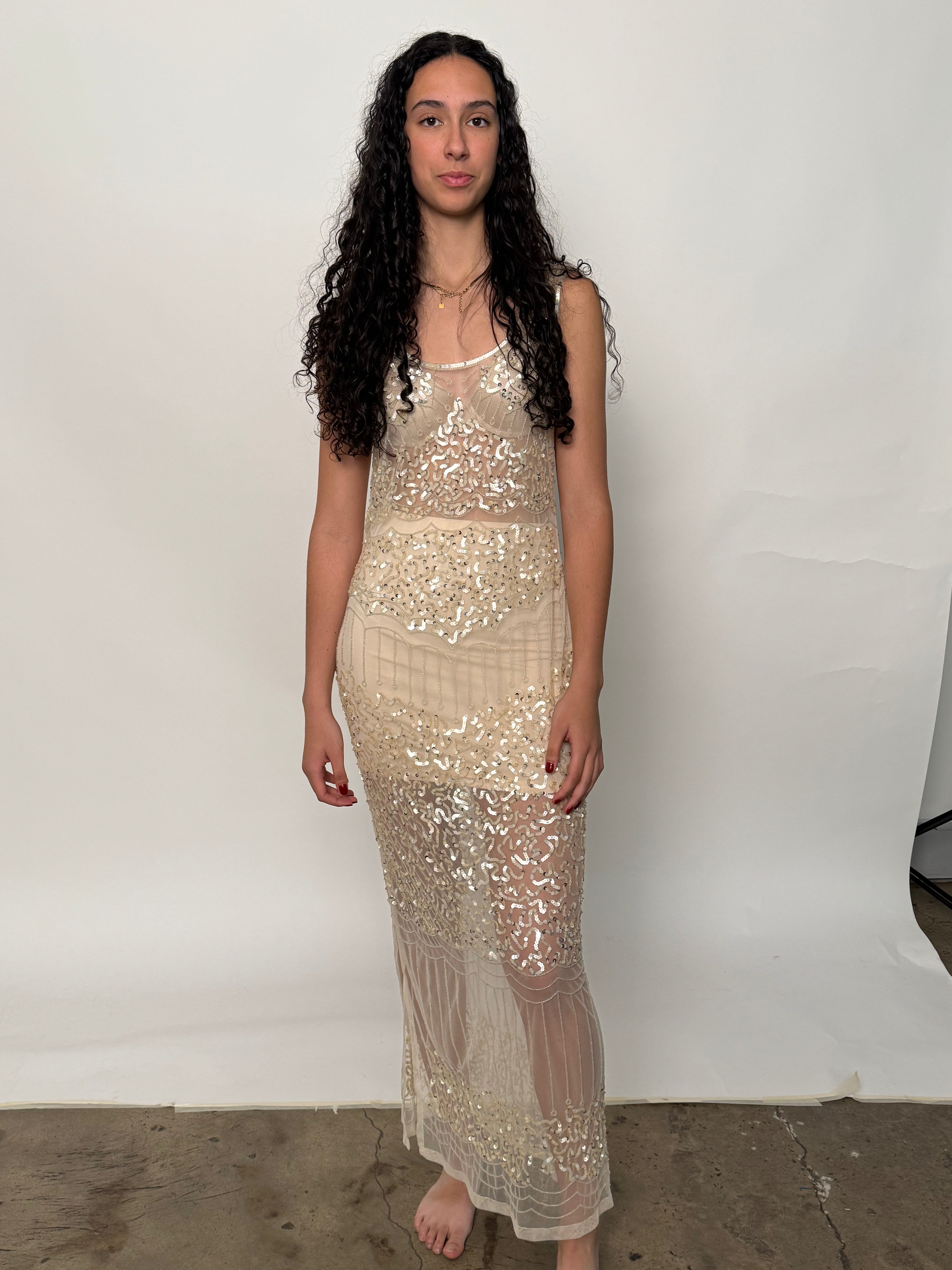 SAMPLE | HAND SEQUINNED ART DECO DRESS, Champagne - SIZE 10 *FINAL SALE