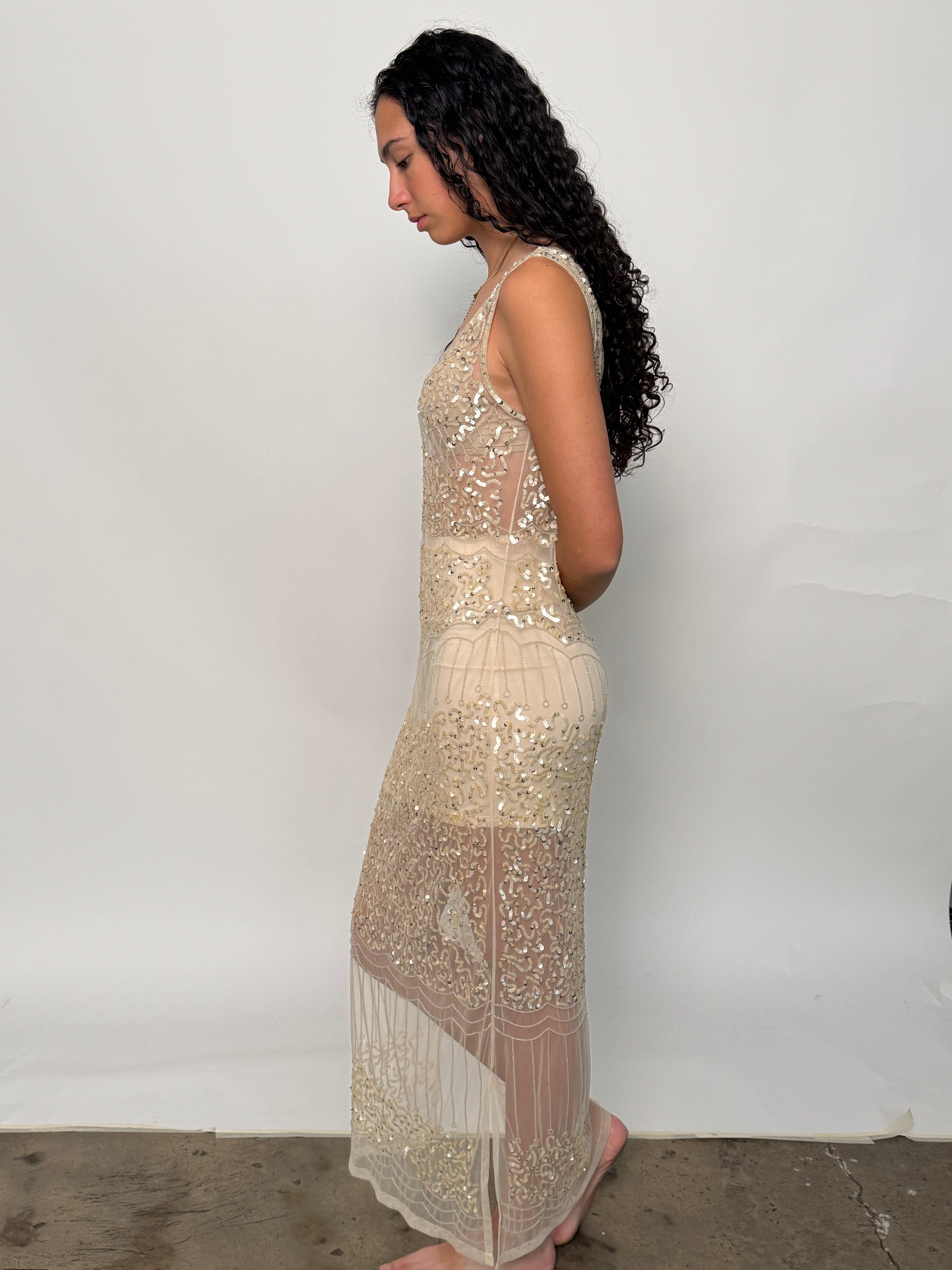 SAMPLE | HAND SEQUINNED ART DECO DRESS, Champagne - SIZE 10 *FINAL SALE