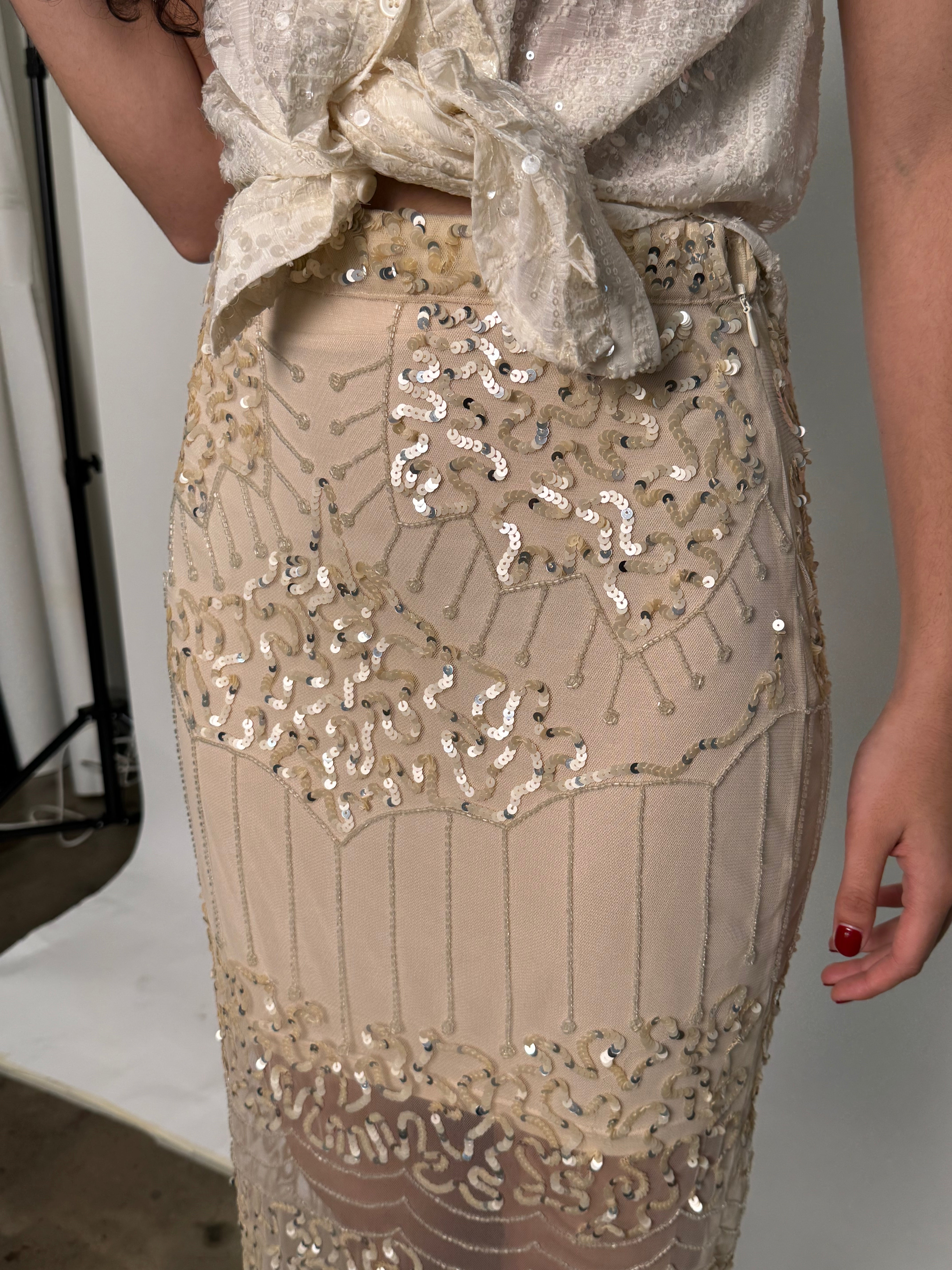 SAMPLE | HAND SEQUINED ART DECO SKIRT, CREAM - SIZE 8 *FINAL SALE