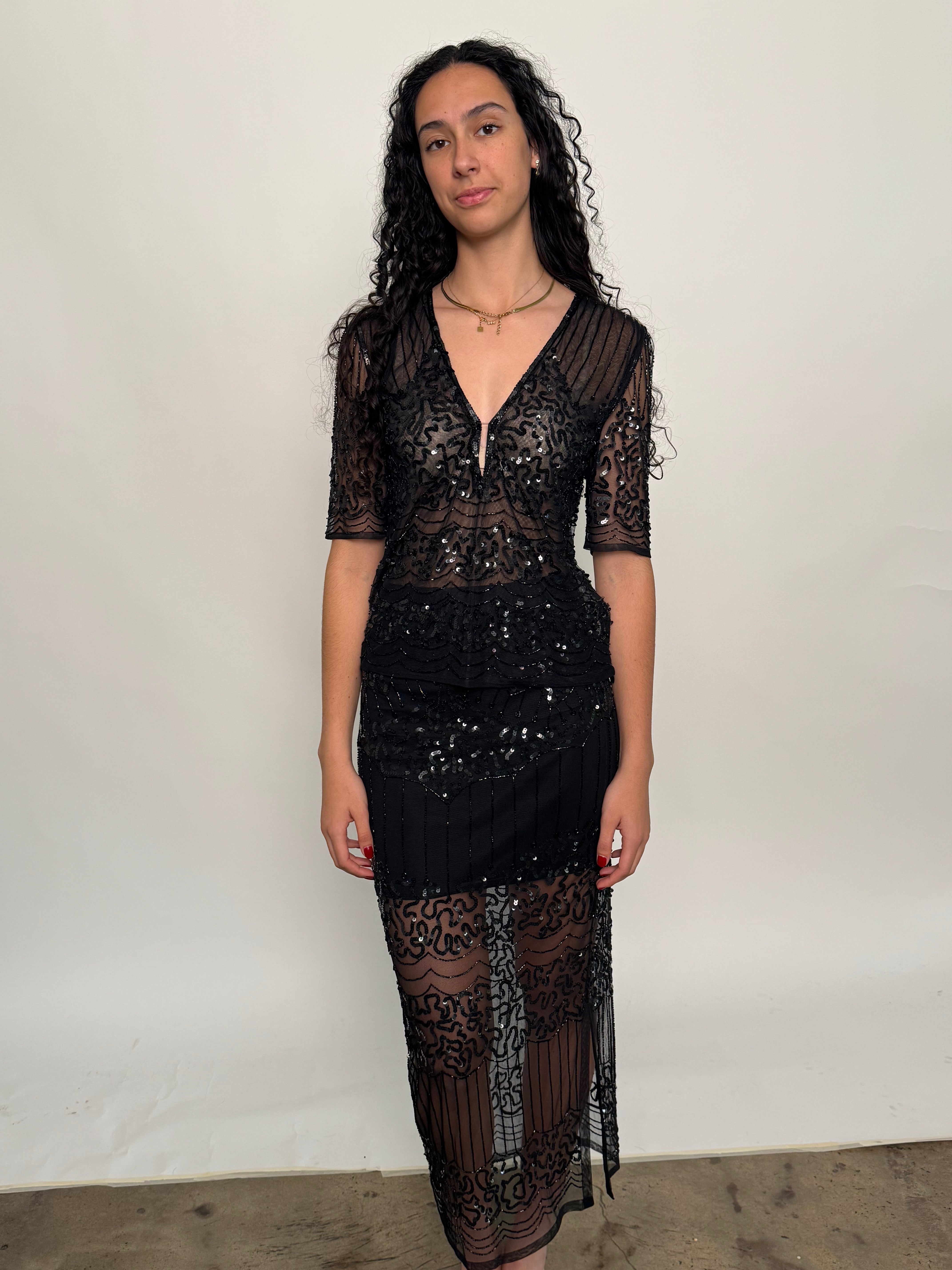 SAMPLE | HAND SEQUINNED ART DECO TOP - BLACK - SIZE 10 *FINAL SALE