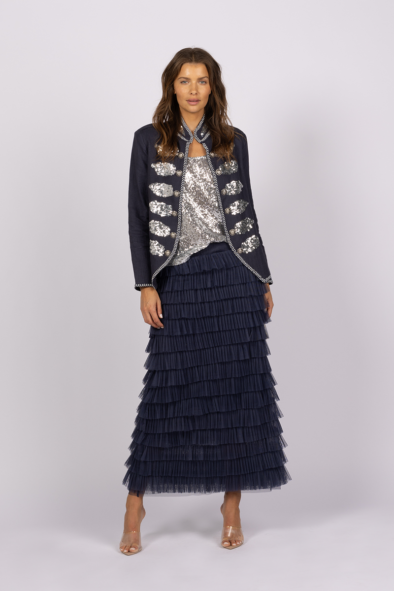 navy ruffled layer skirt military sequin jacket silver