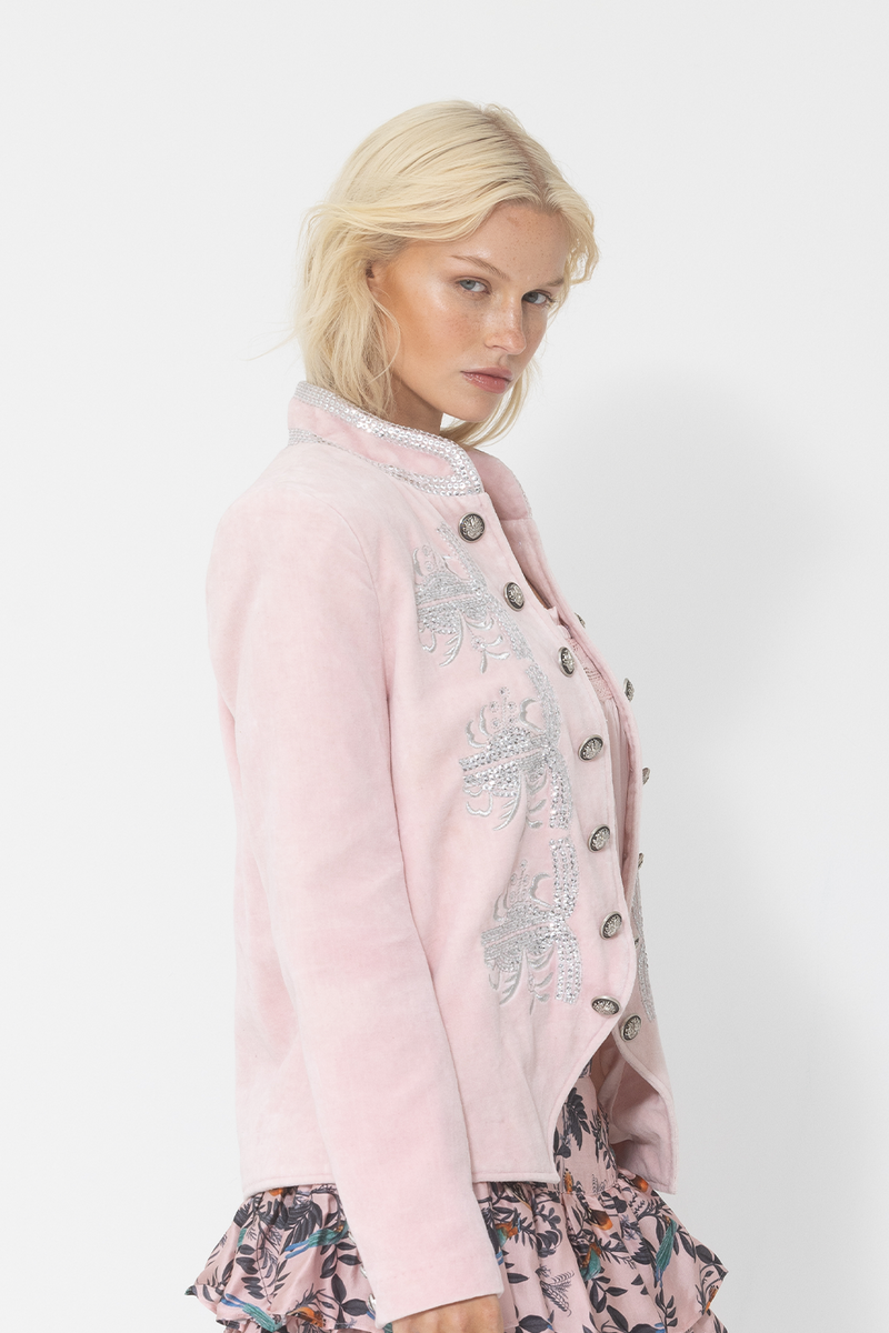 velvet pink military style jacket silver sequin