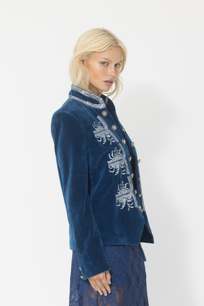 velvet blue sapphire military style jacket sequin silver embroidery