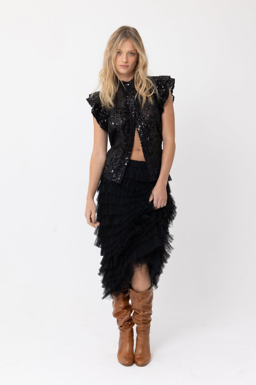 BLACK SEQUIN RUFFLE BLOUSE