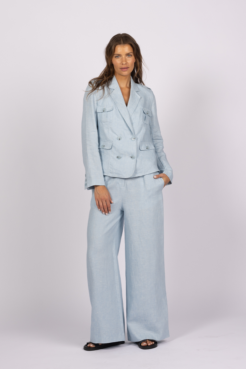 sky blue linen wide leg pant suit 