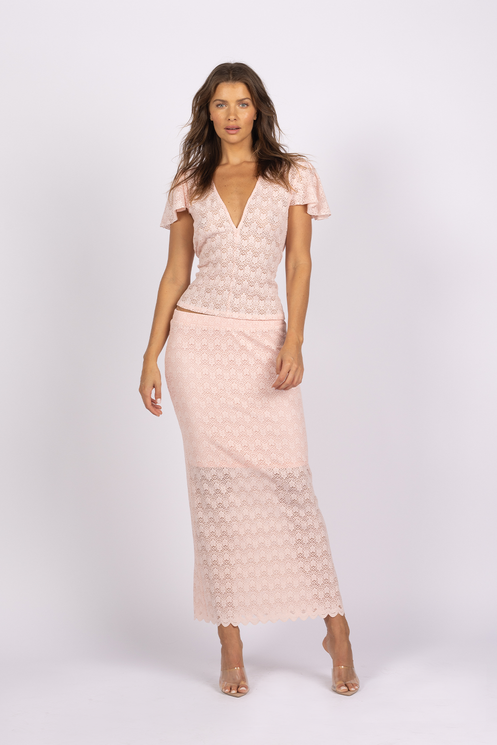 pink lace sheer short sleeve top maxi skirt set