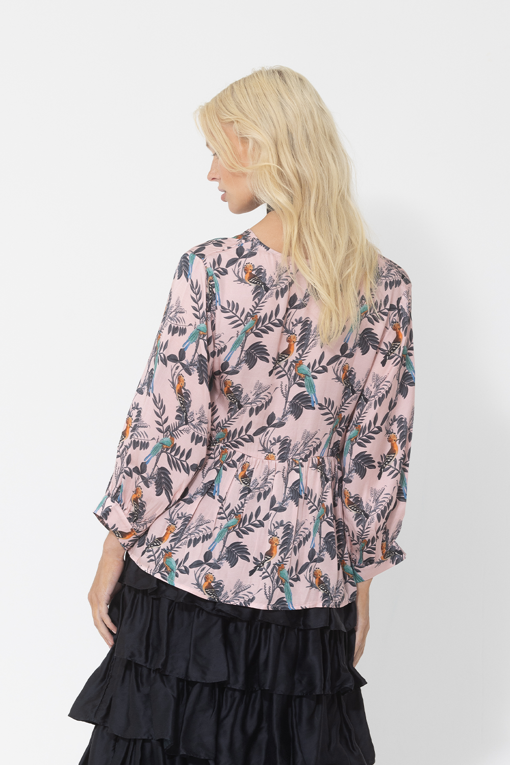 pink bird print long sleeve top