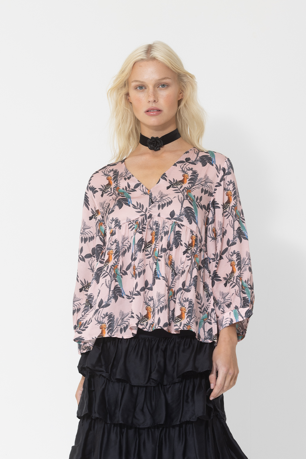 pink blush bird print long sleeve top