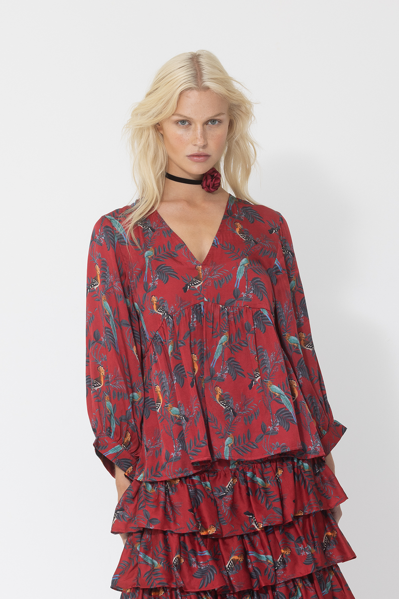 bird printed red long sleeve blouse