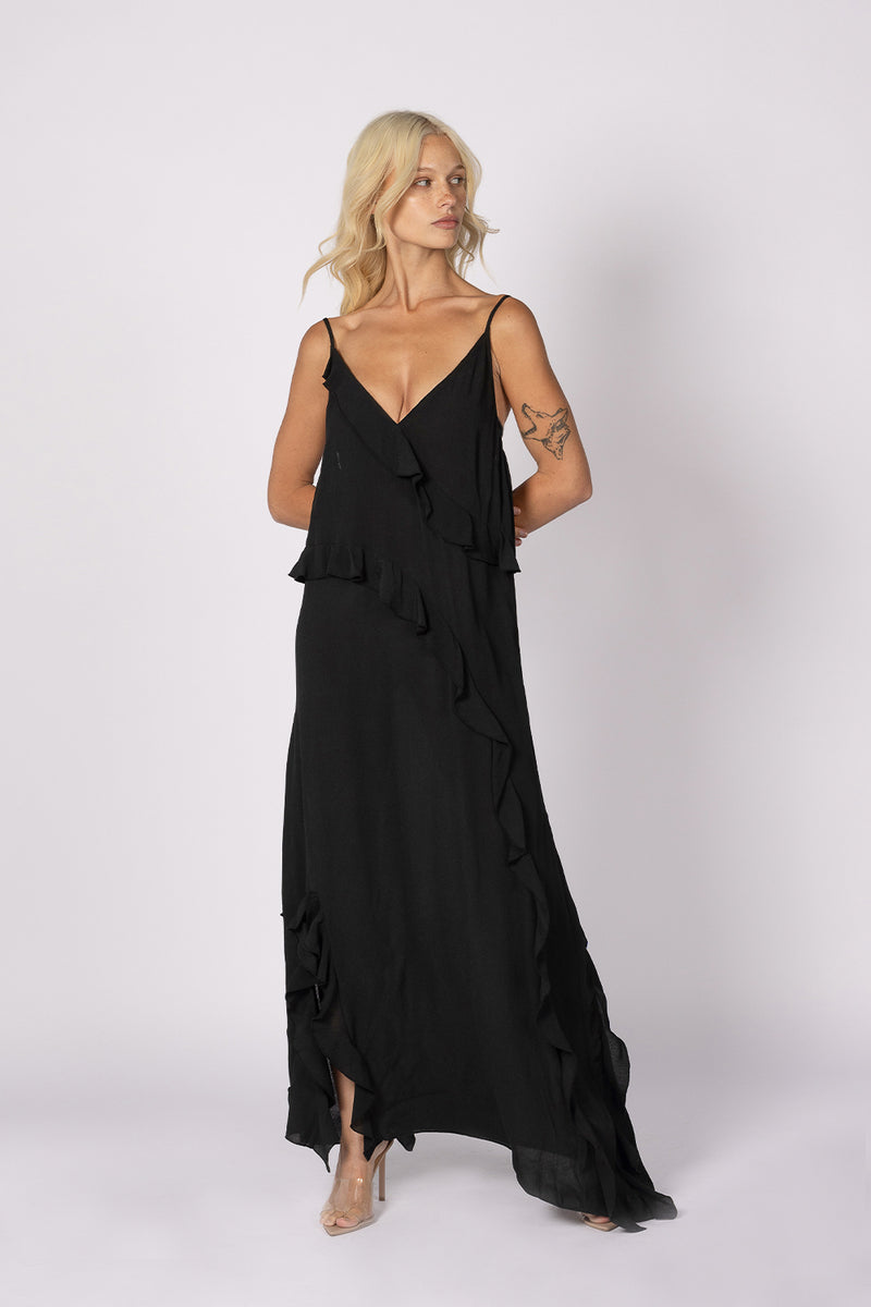 black v neck ruffle slip dress
