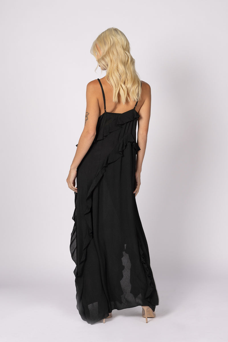 black ruffle maxi slip dress