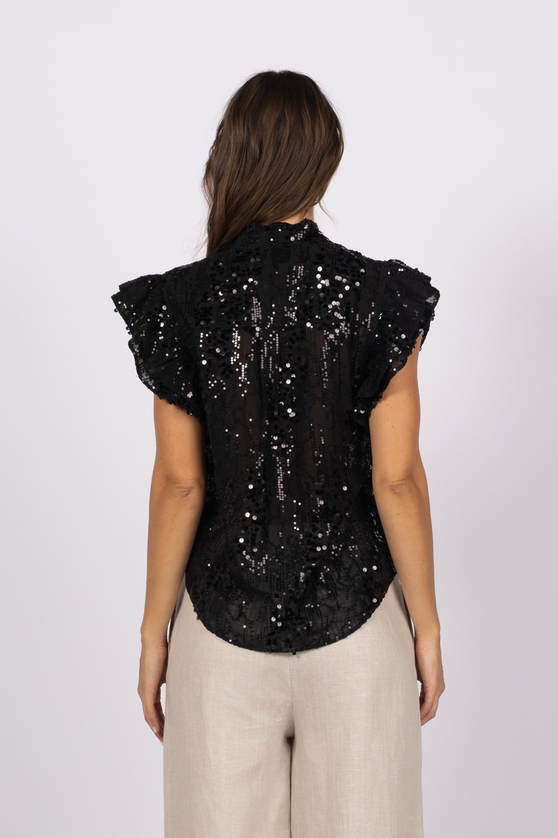 black sequin ruffle shirt blouse