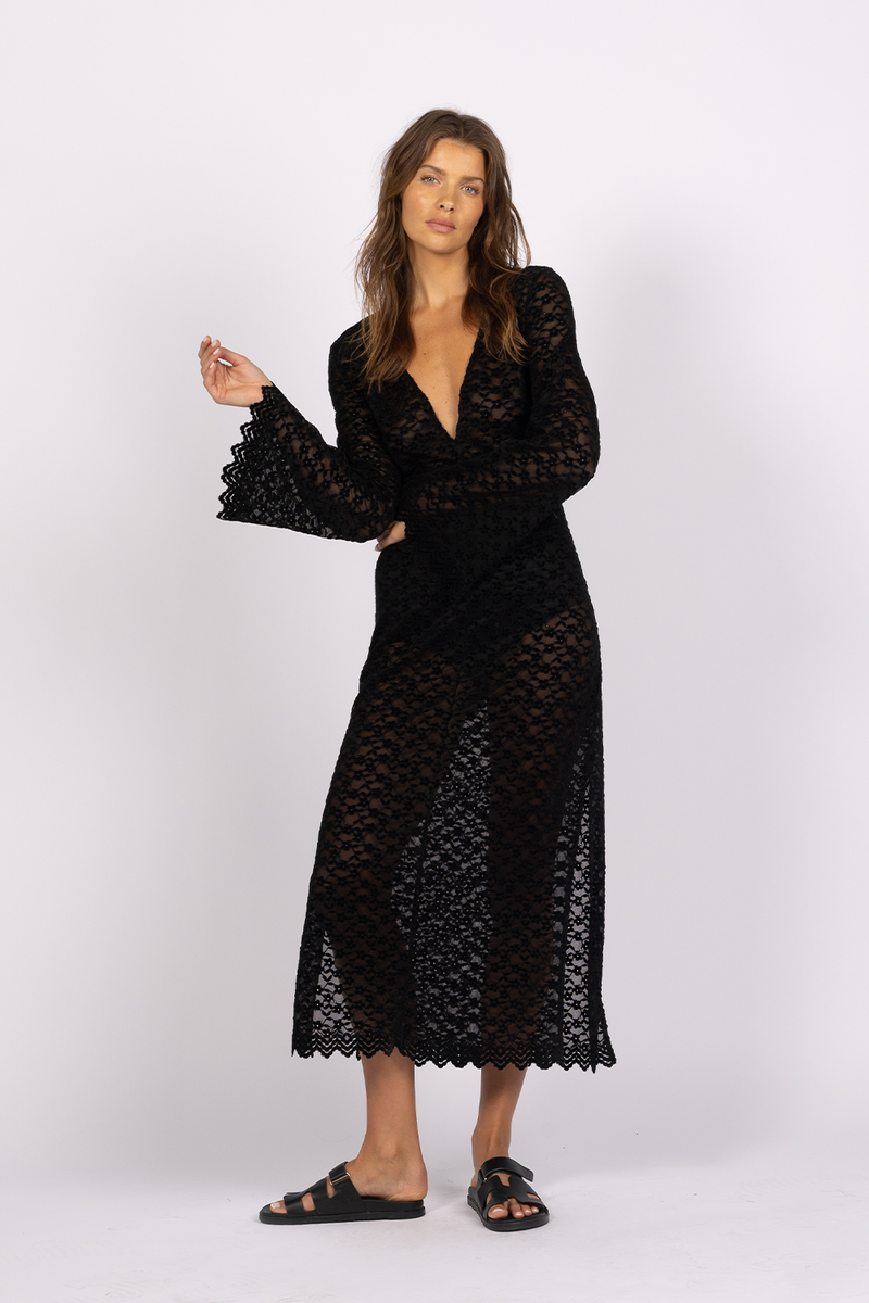 sheer black floral lace long dress