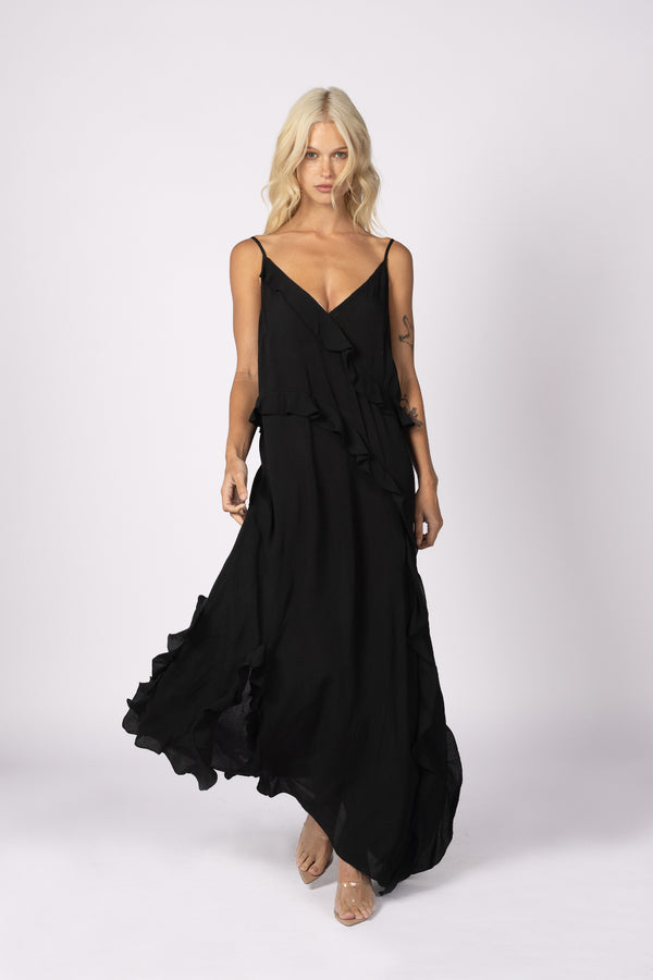 DAYDREAM RUFFLE SLIP DRESS - BLACK