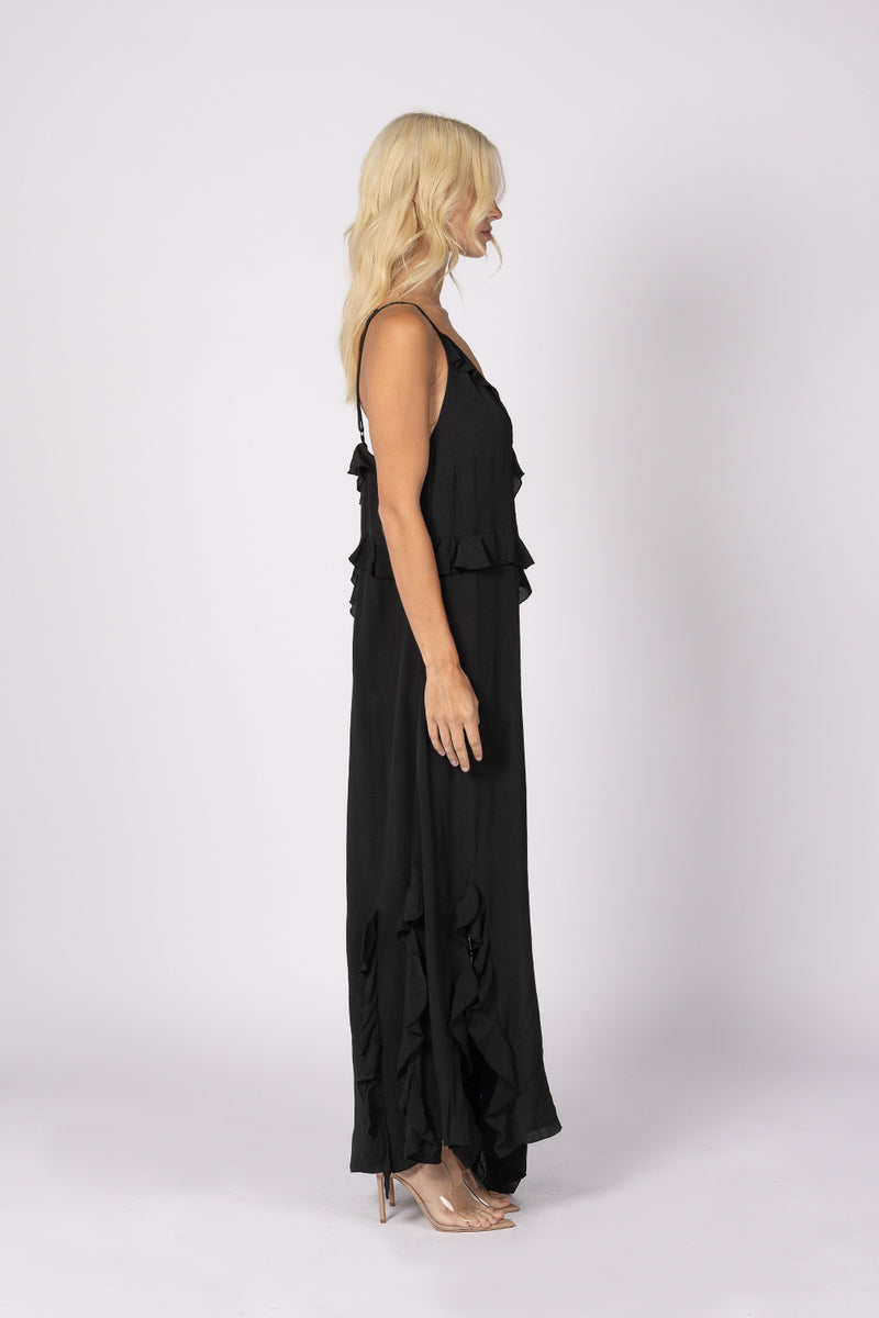 black ruffled maxi dress v neck