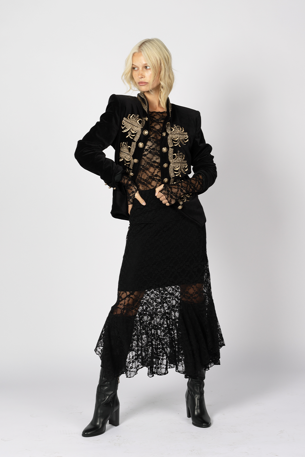 floral lace sheer matching set outvit velvet military jacket