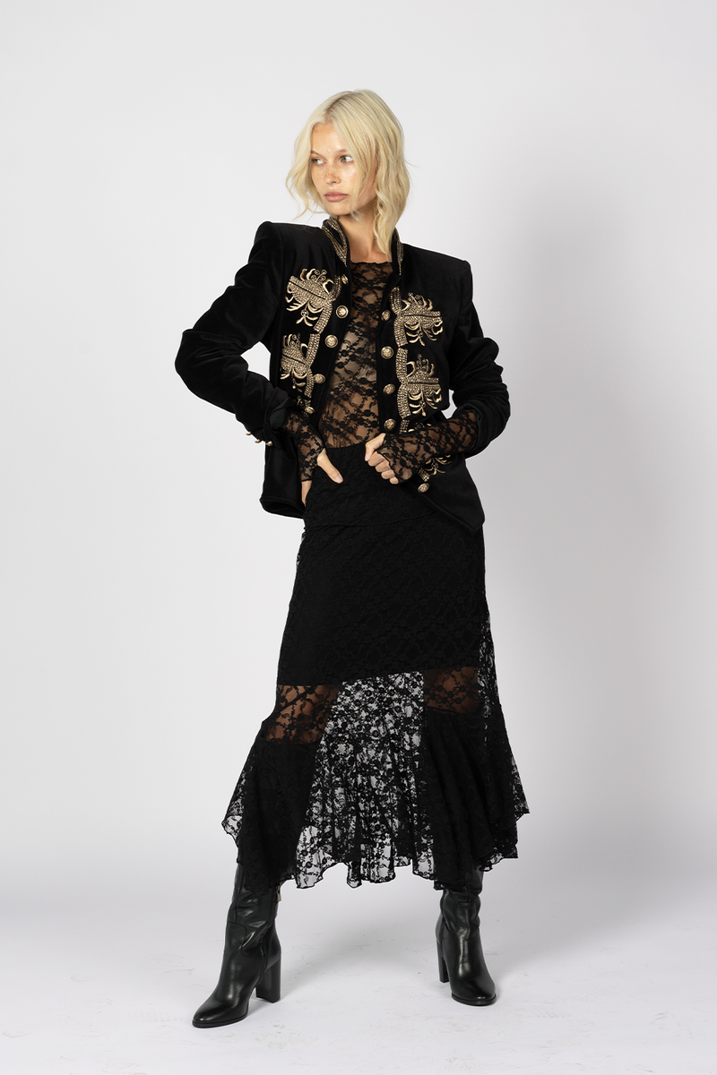 sheer black matching lace skirt top set velvet jacket