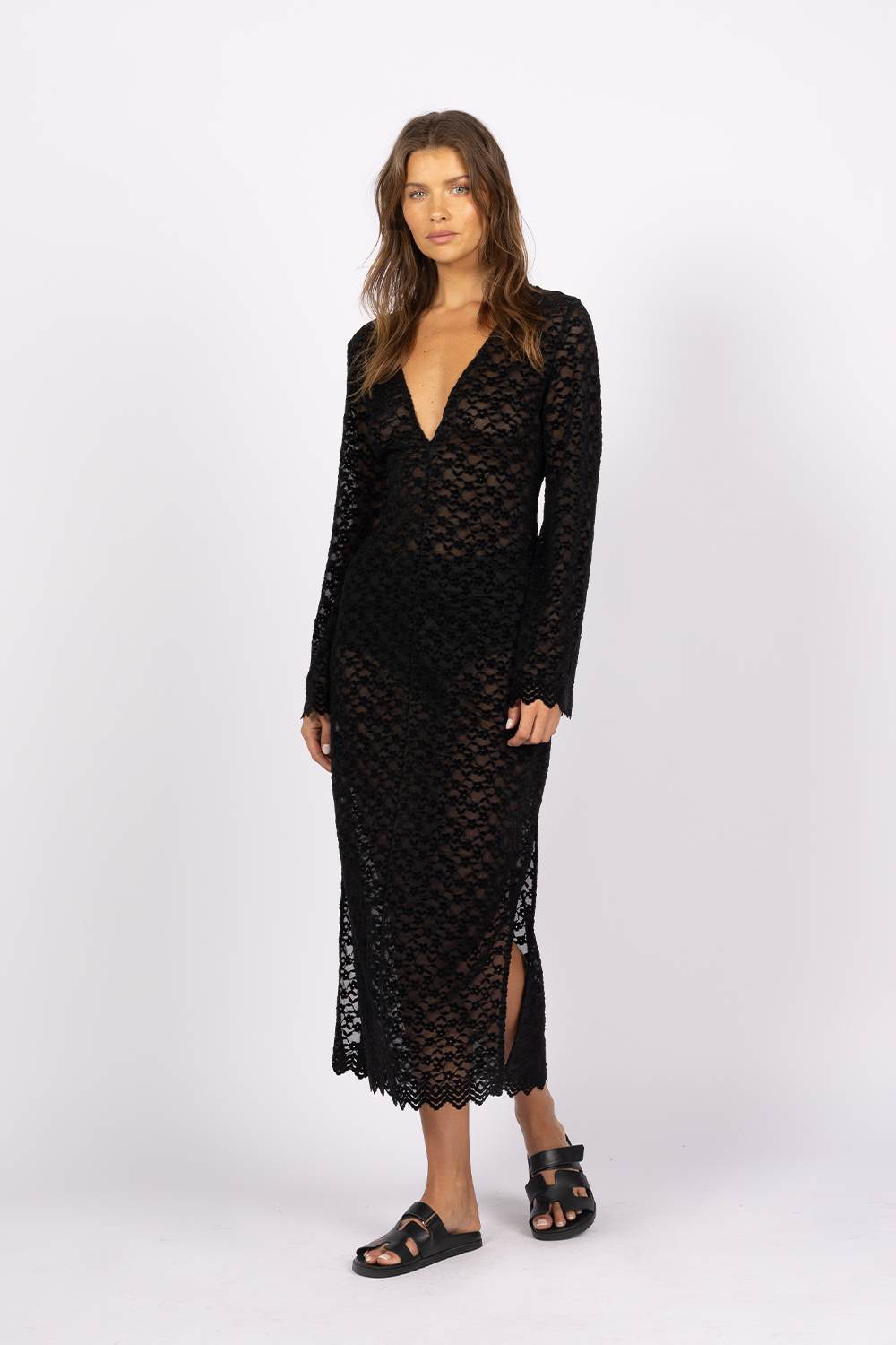 black long sleeve sheer dress lace