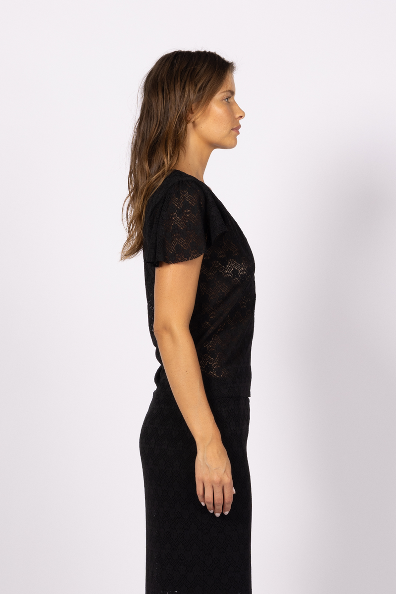 black sheer lace short sleeve blouse