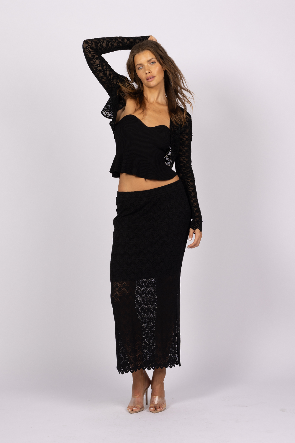 black matching set lace skirt shrug jacket