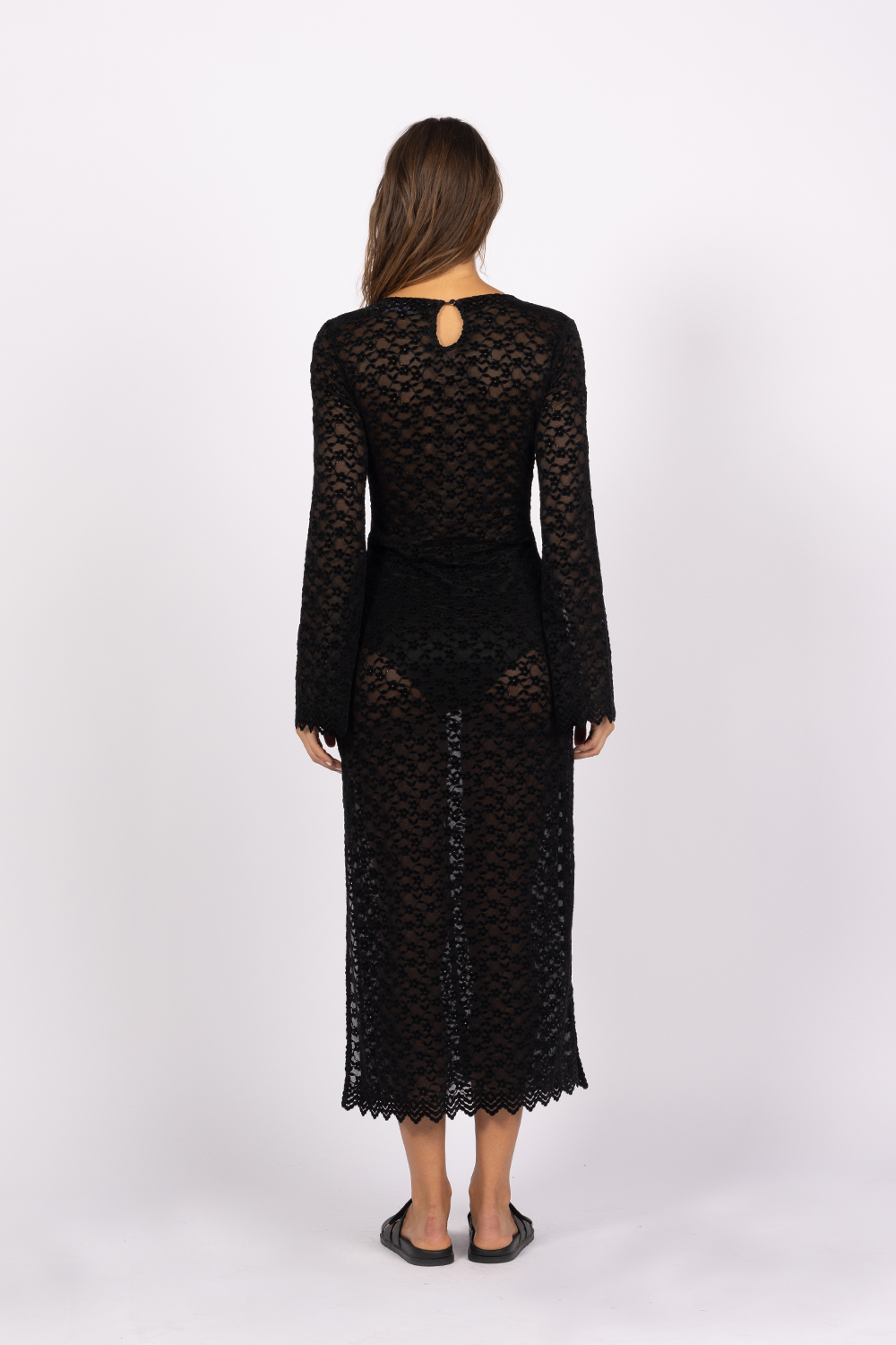 black long sleeve sheer lace dress beach