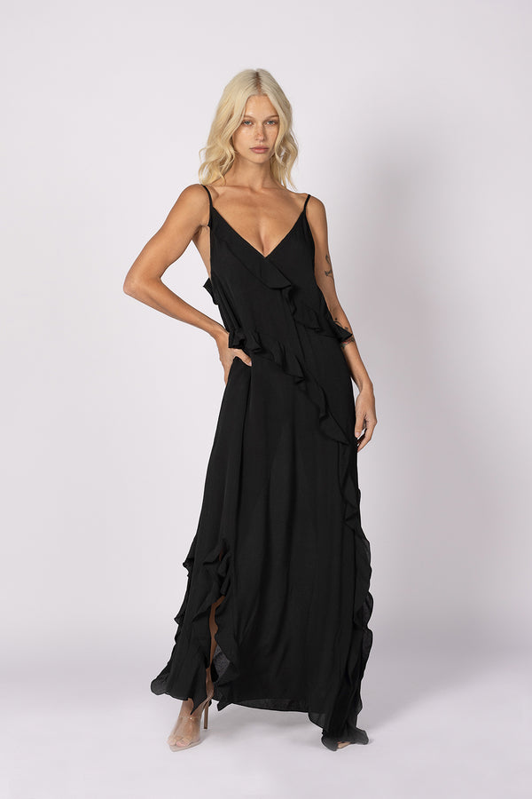 black v neck ruffle slip dress