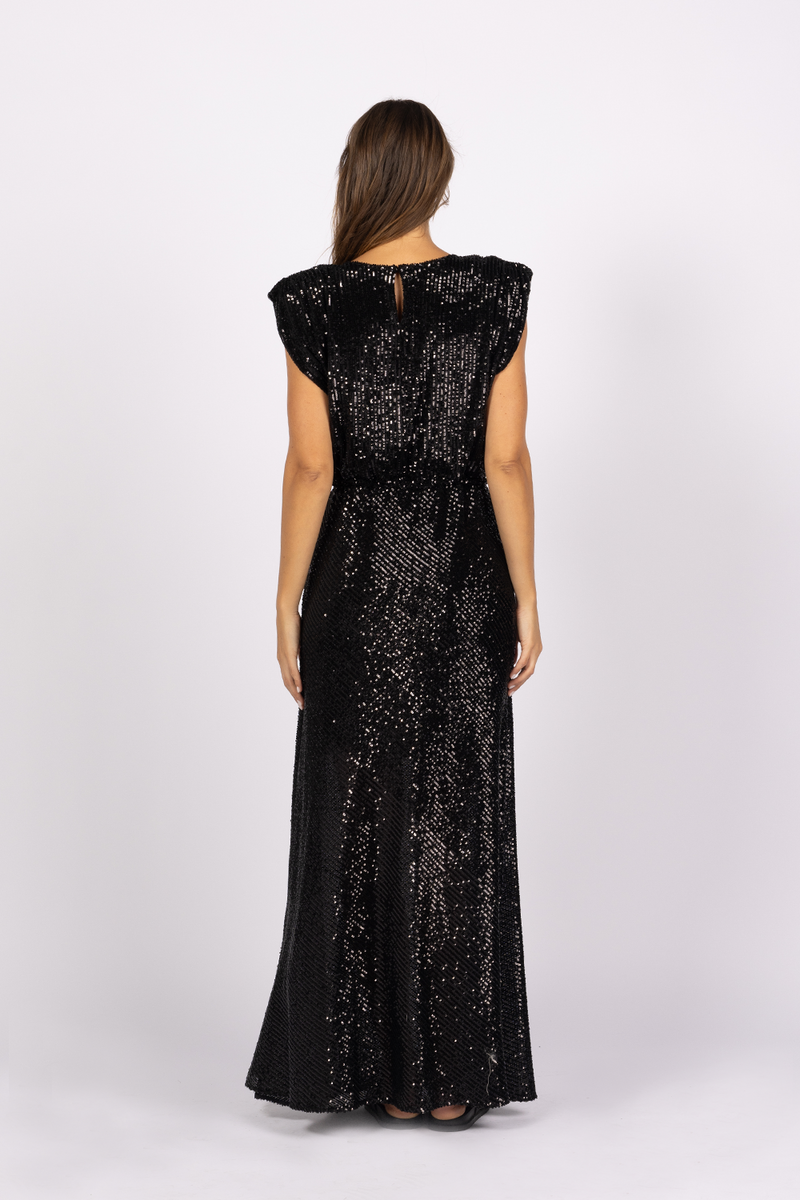 black sequin shoulder pad sleeve dress