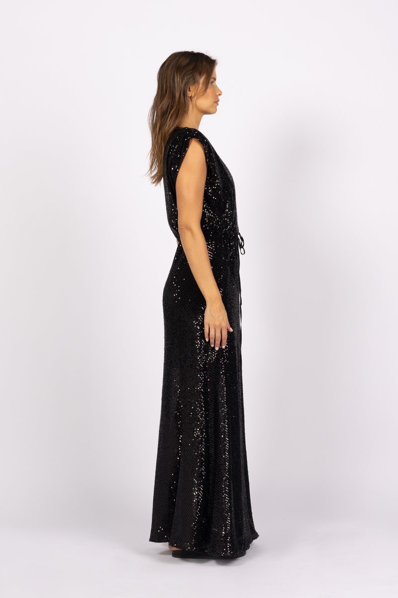 sequin black drawstring dress