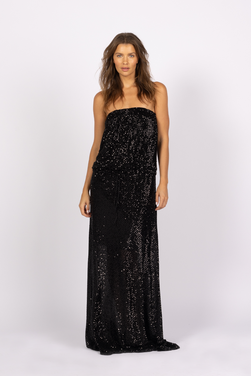 black sequin strapless maxi dress