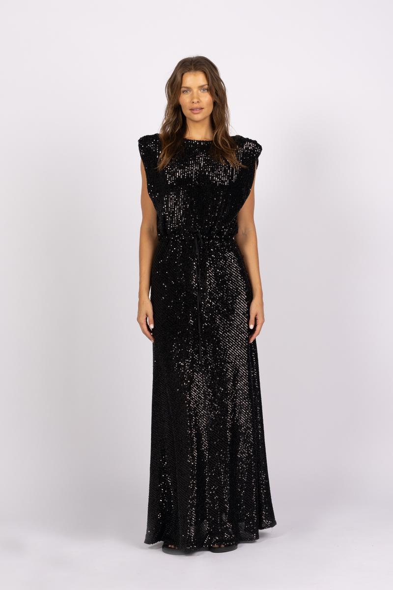 black sequin sleeveless maxi dress