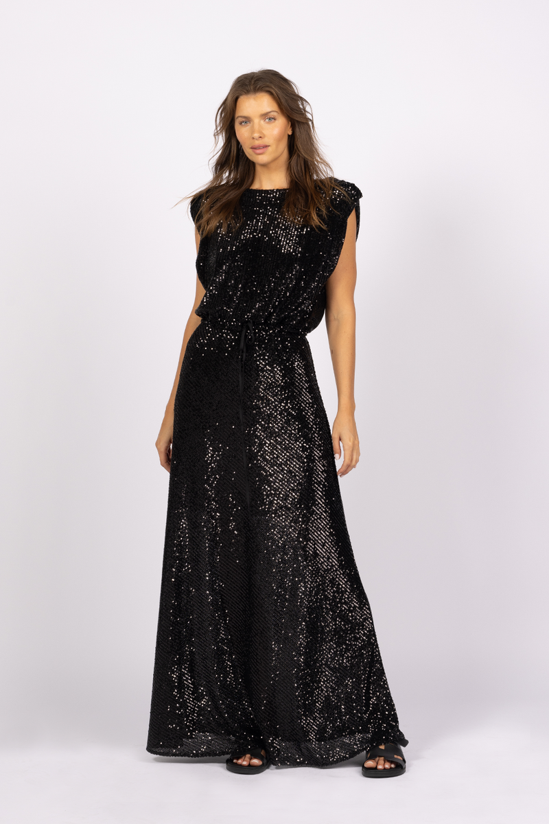 black sequin shoulder pad maxi dress gown