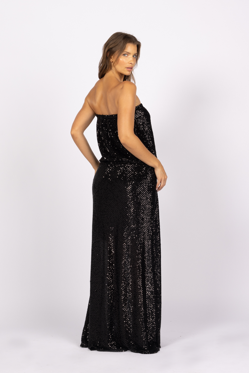 black sequin strapless gown