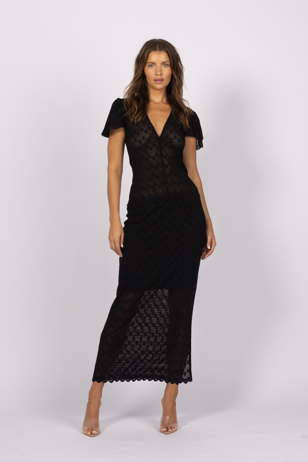 black sheer geometric lace set top maxi skirt