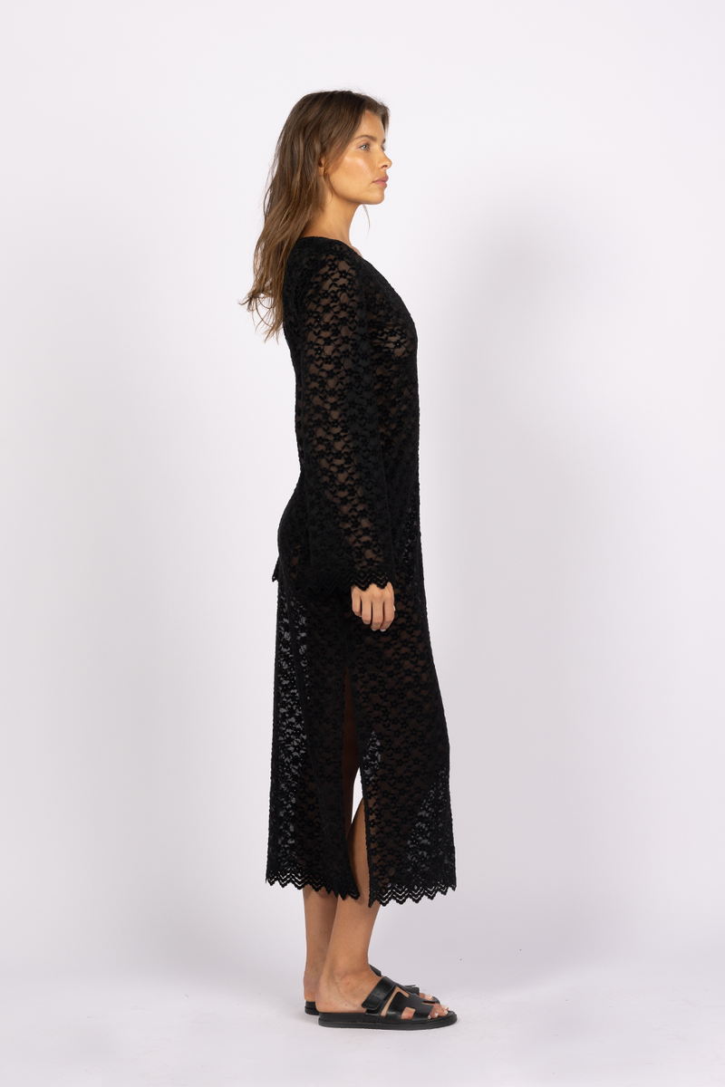 black see through lace midi split dress