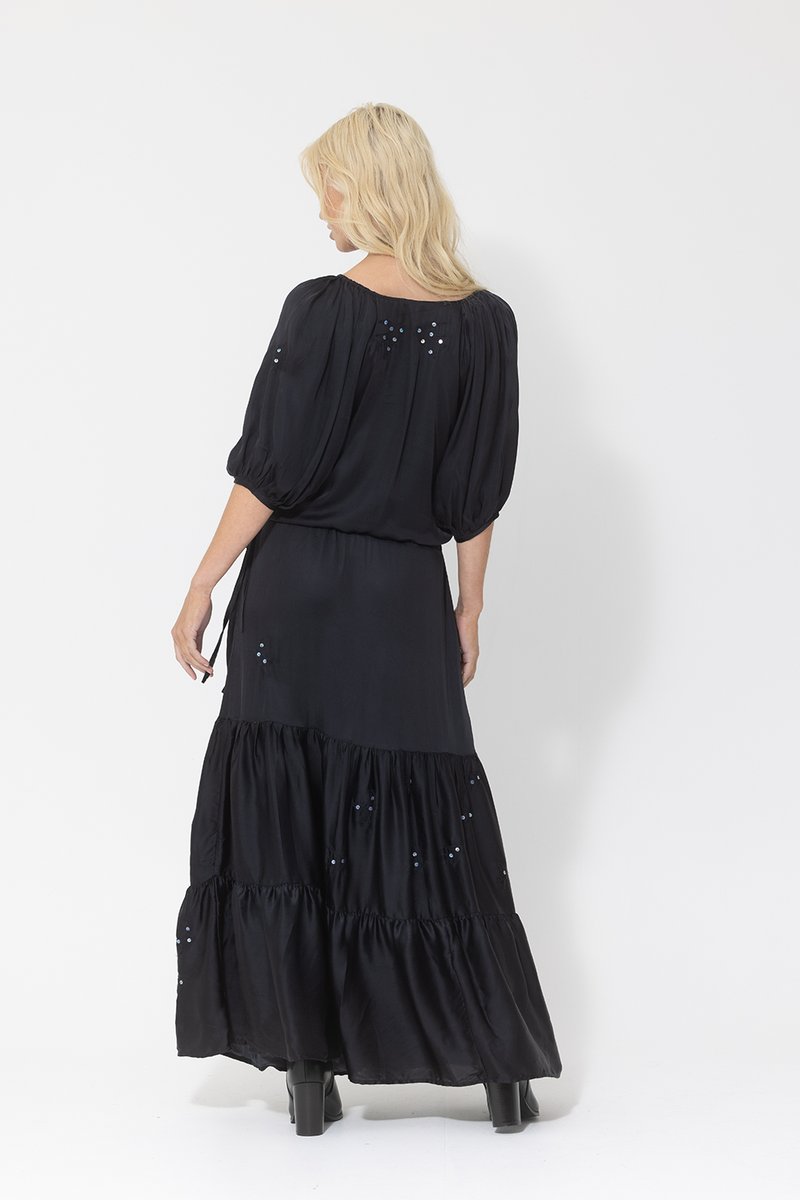 sequin black silk maxi dress