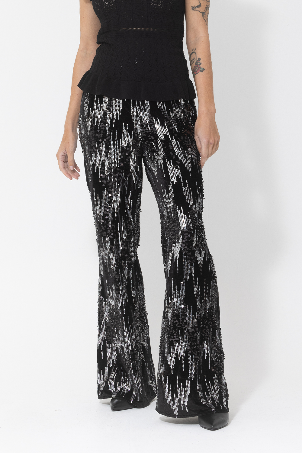 sequin velvet textured pants black silver