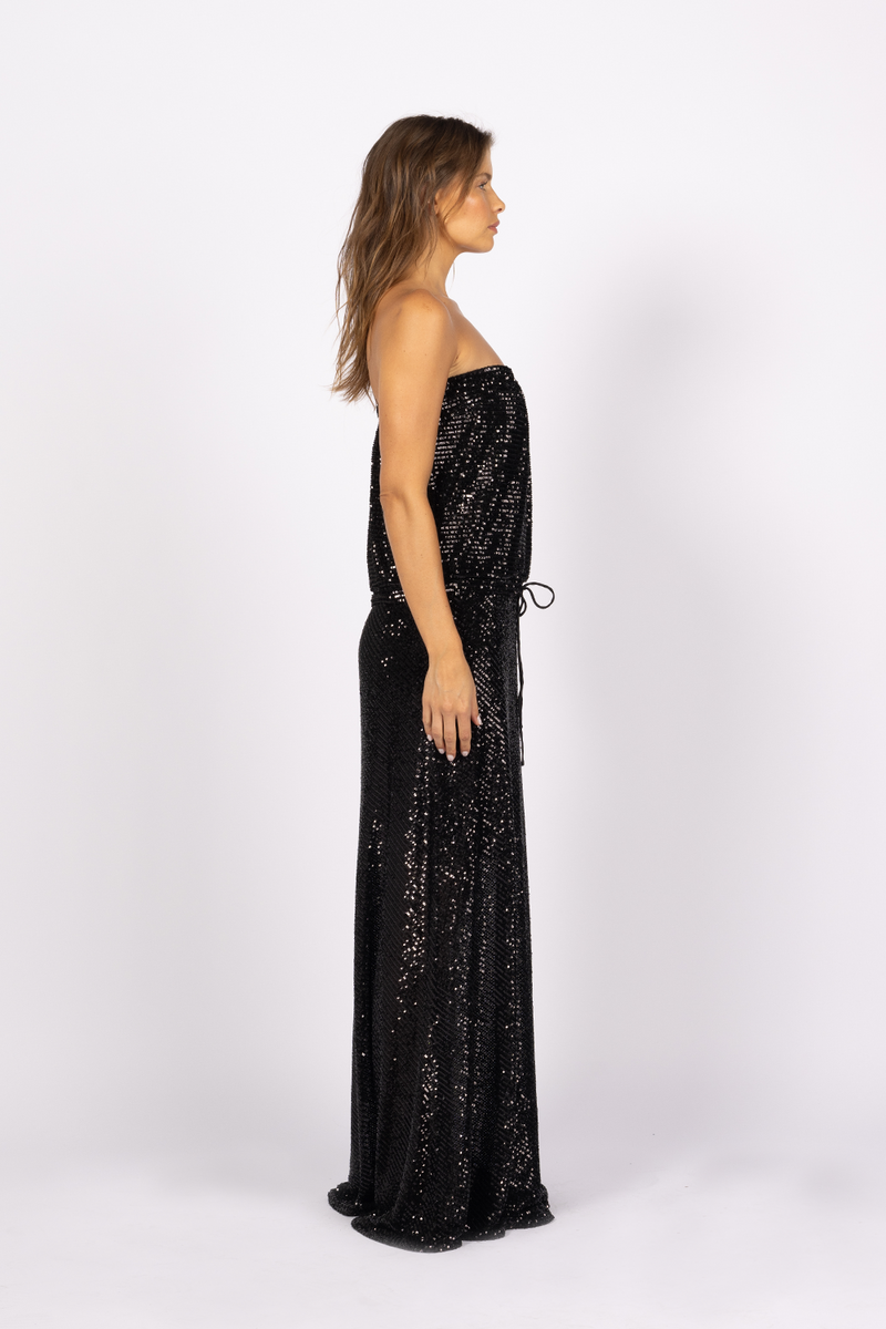 black sequin strapless floor length gown