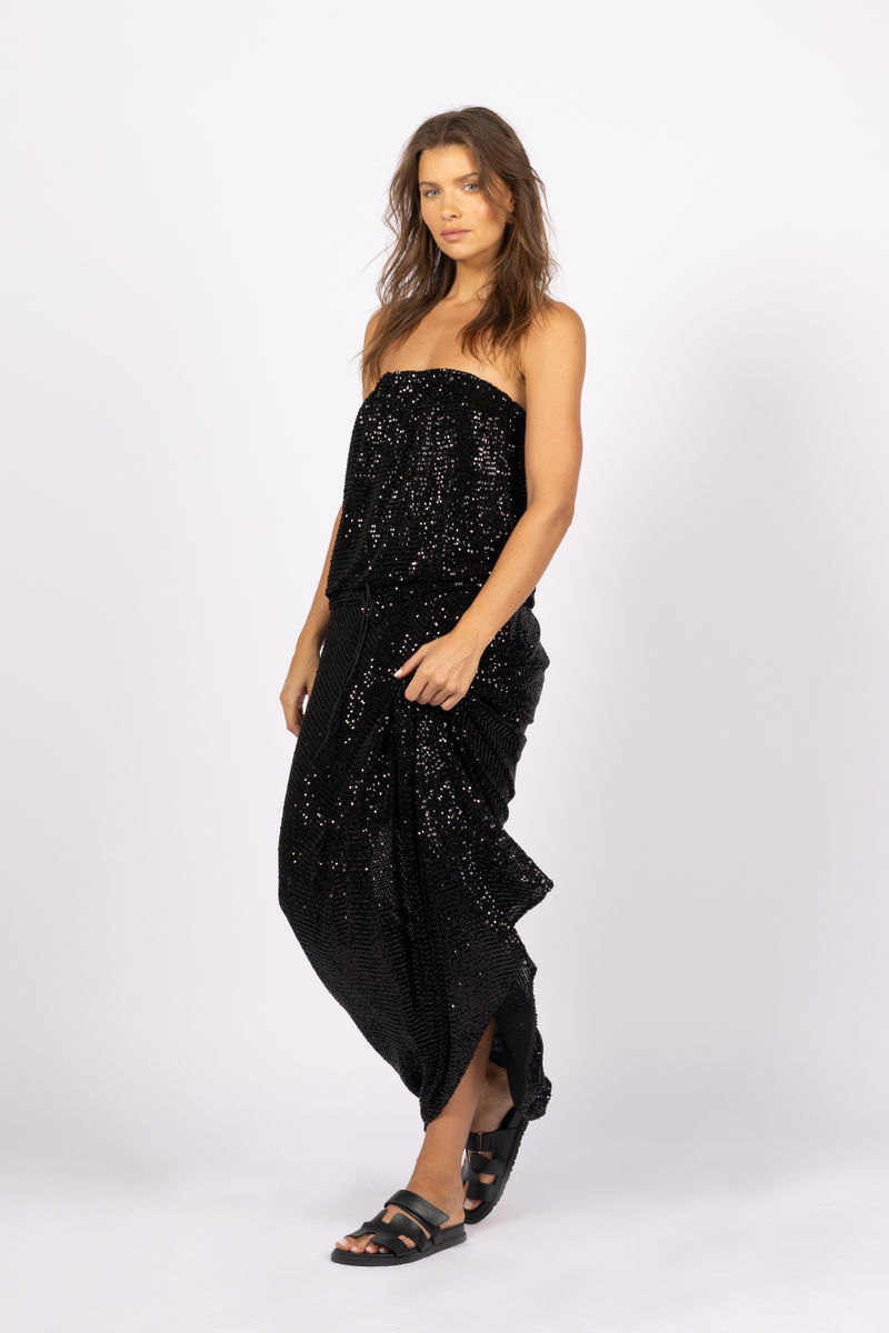 black sequin strapless maxi dress drop waist