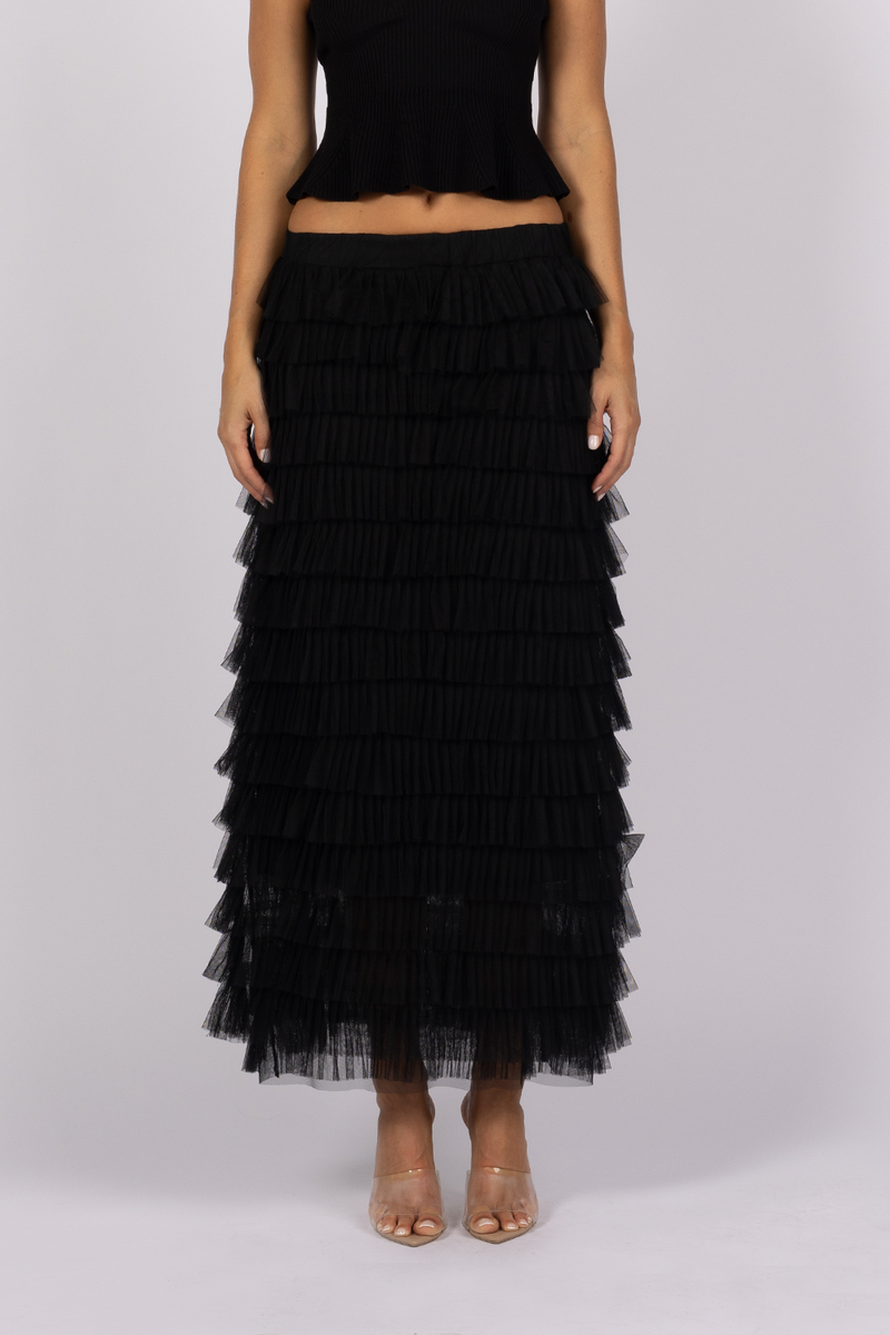 black tulle ruffle frill long skirt