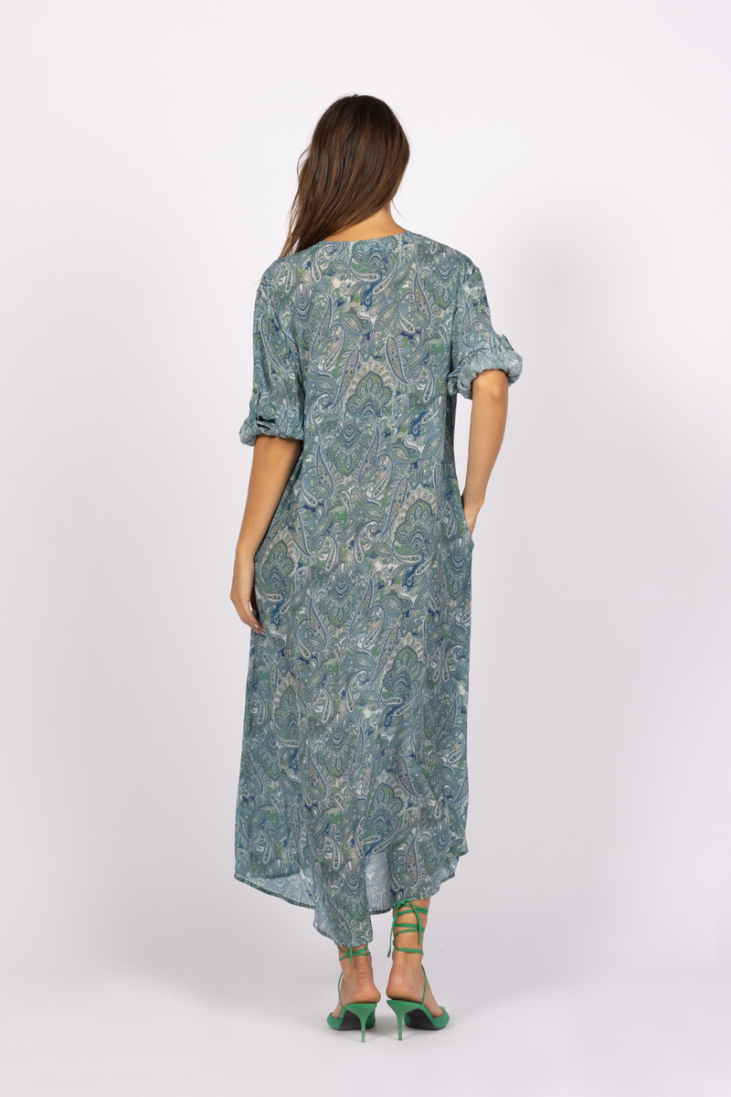 blue green kaftan paisley print summer dress