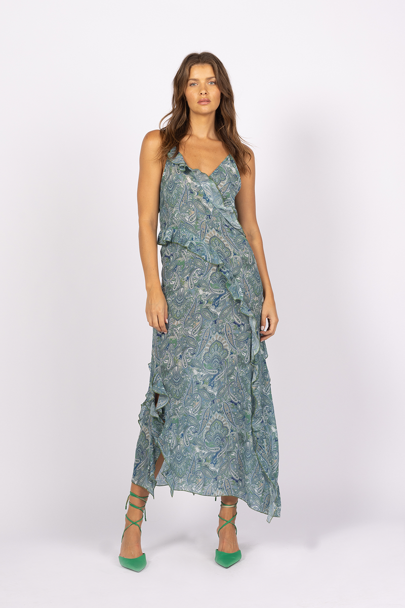 green and blue paisley print ruffle slip dress split leg