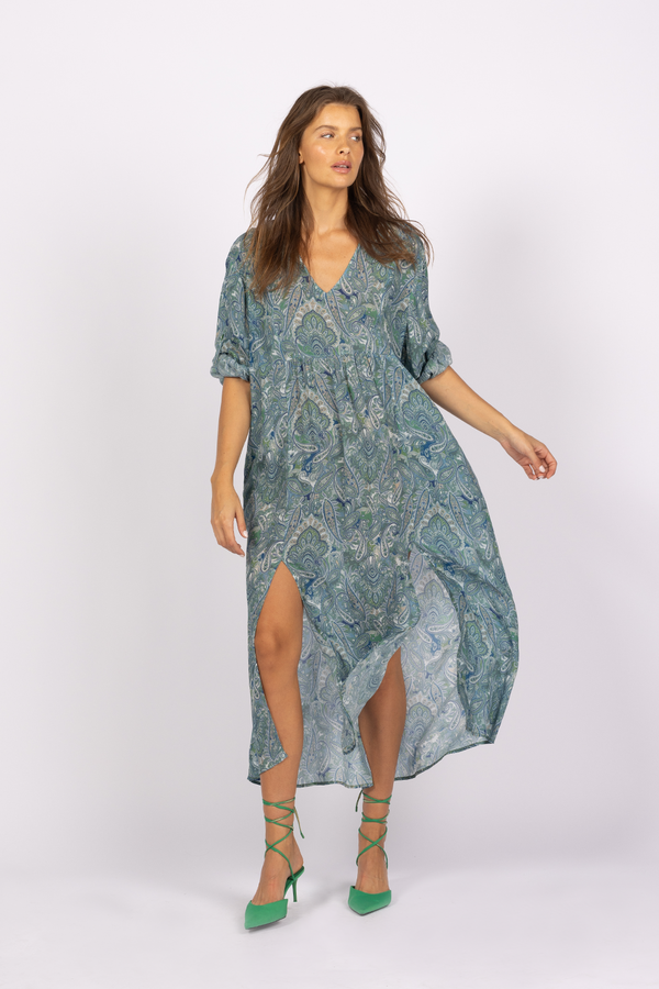 green and blue kaftan dress paisley print