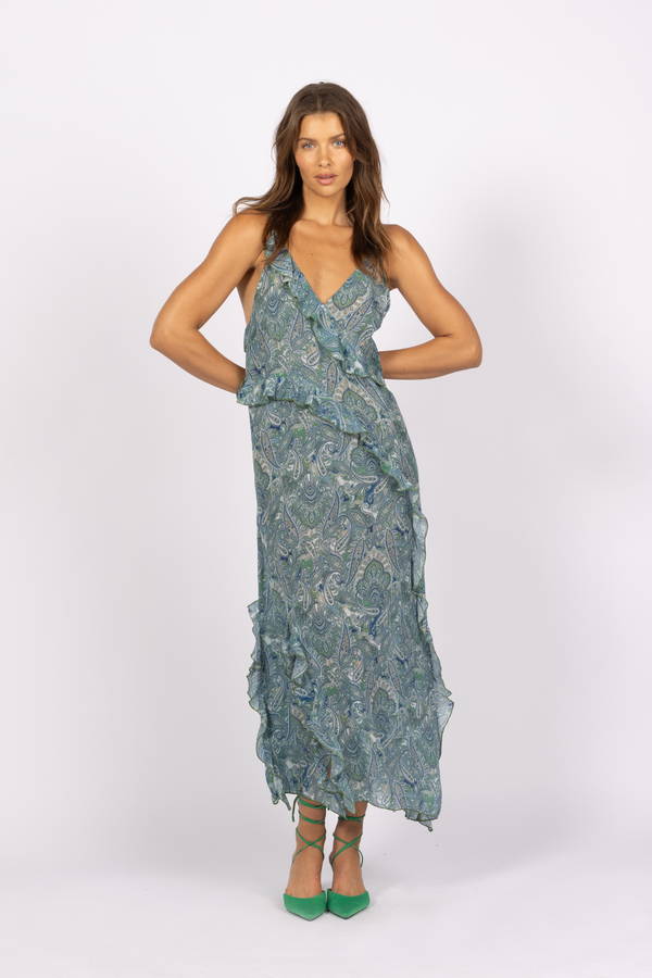 blue green ruffle edge slip dress v neck