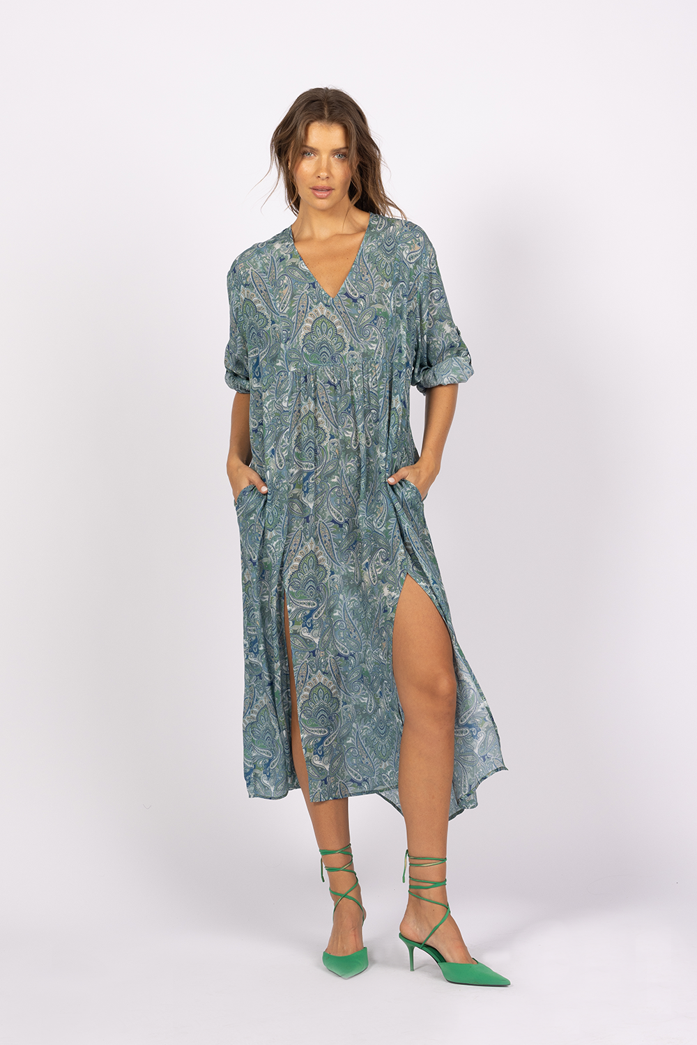 blue green paisley floral short sleeve kaftan dress