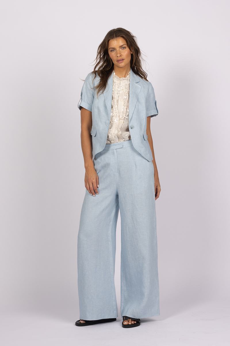 blue linen pant suit sequin ruffle blouse