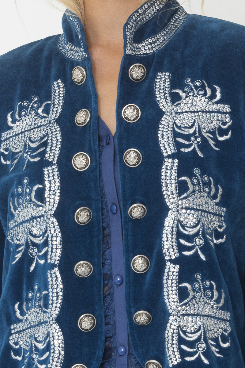 cobalt blue silver embroidered sequin velvet jacket