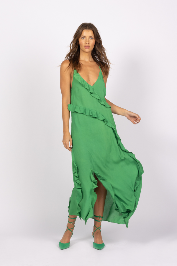 vibrant green ruffle frill maxi dress