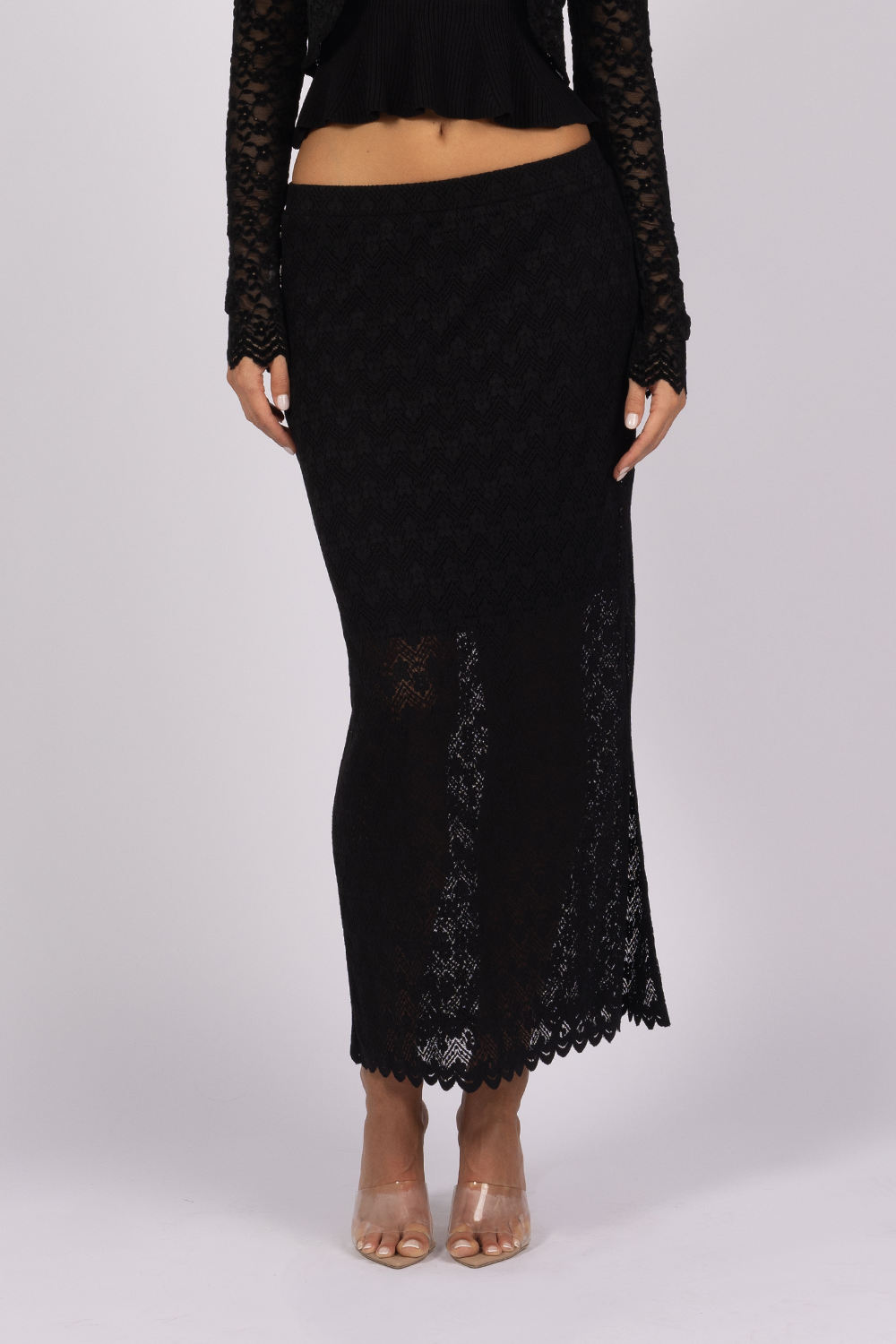 black geometric lace maxi skirt